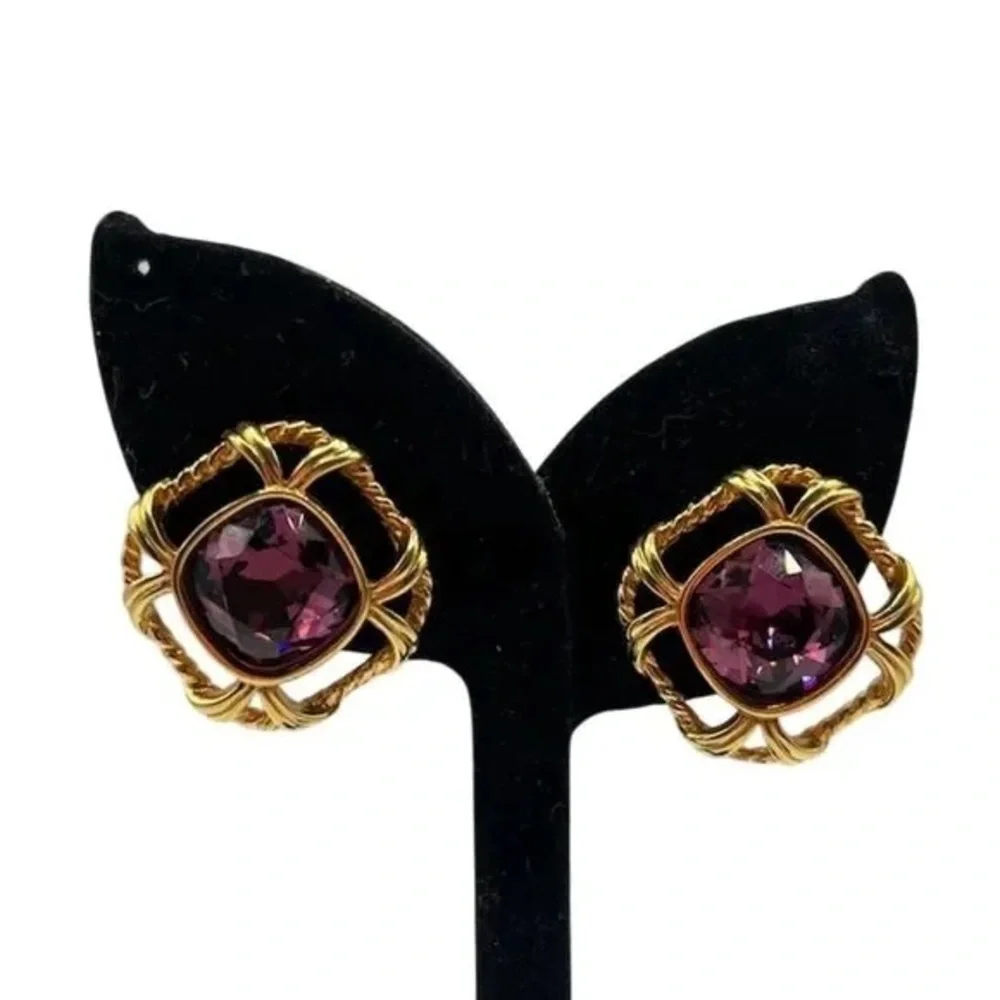 Vintage Swarovski Swan Gold And Purple Earrings Pierced